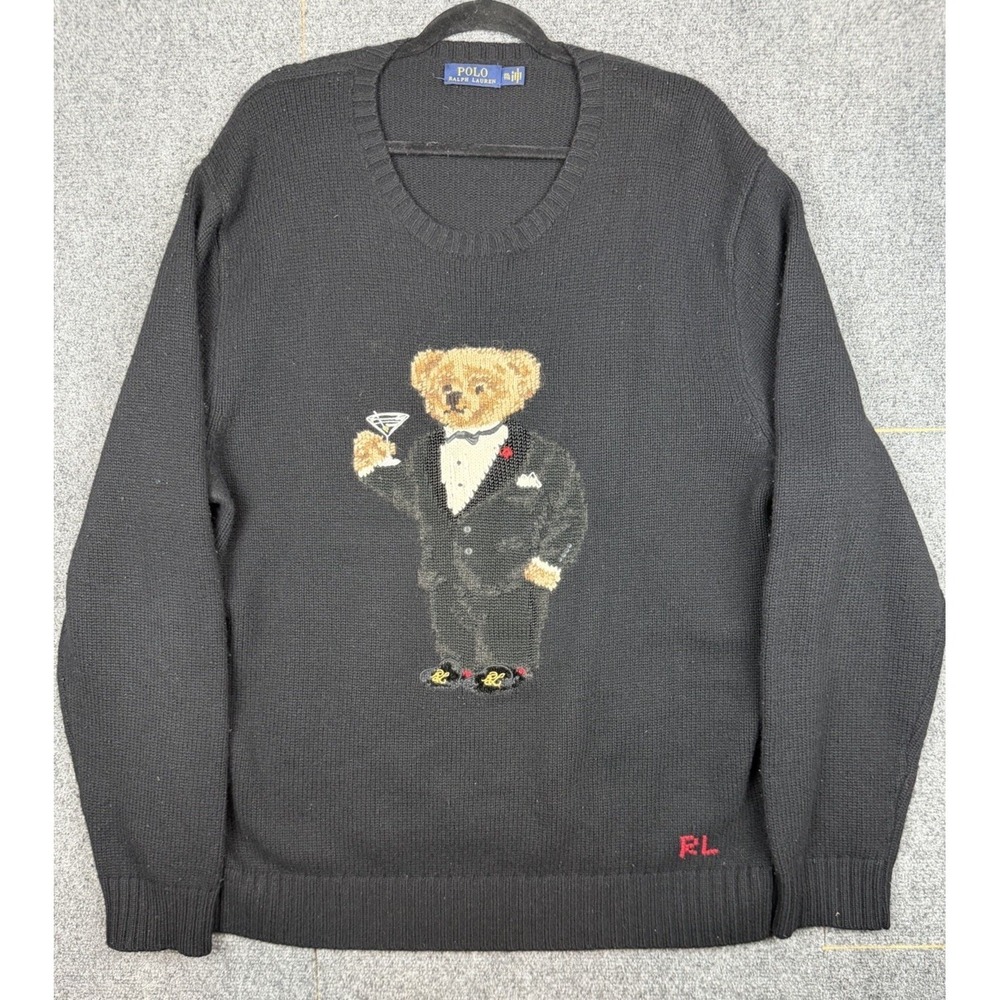 Polo Ralph Lauren Martini Tuxedo Bear Knit 100% Wool Sweater Black 2XL